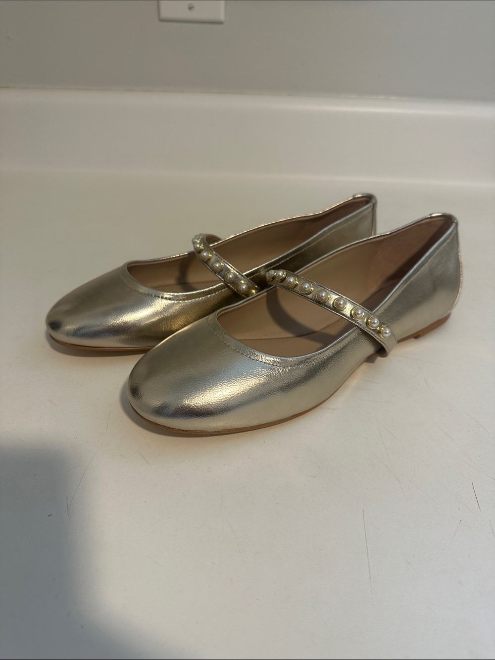 Stuart Weitzman Gold Maryjane Ballets with Pearls Strap- size 8.5